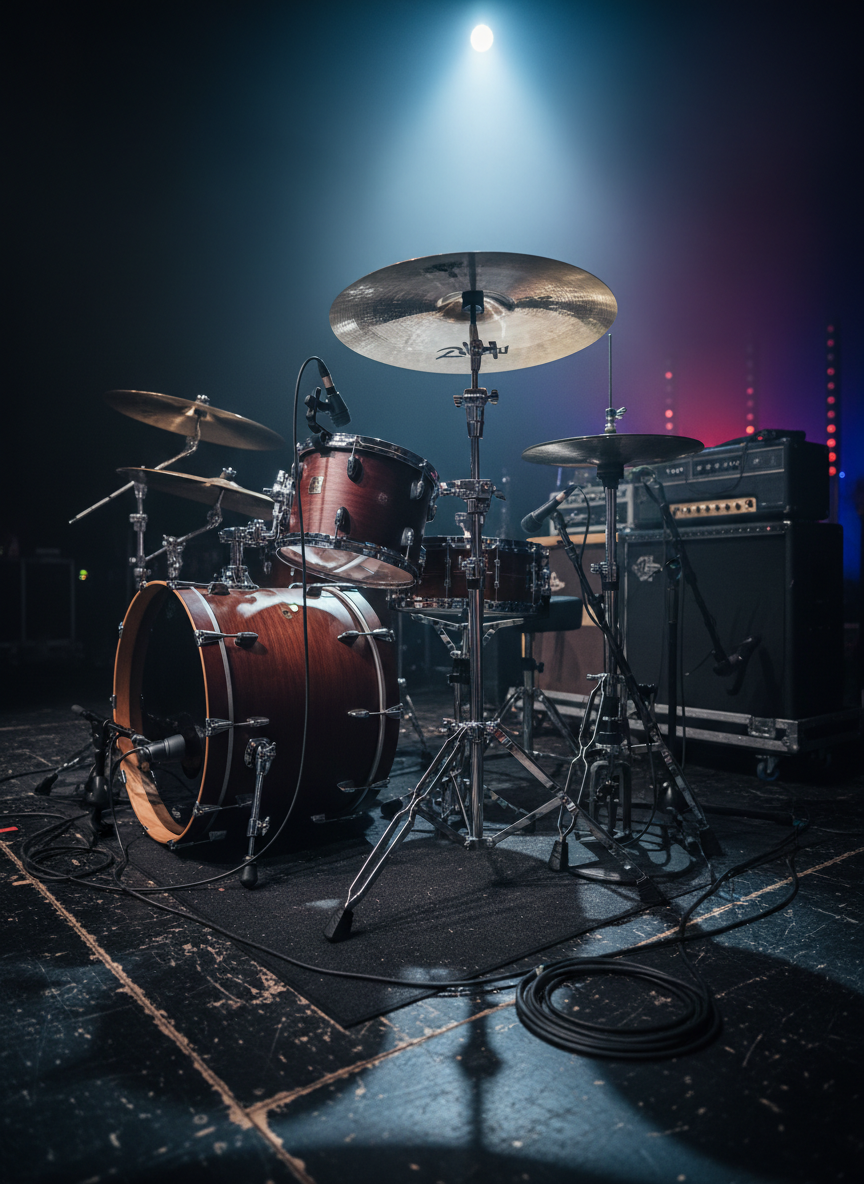 A sleek, dark-stained maple drum kit with chrome hardware and two large, finely polished cymbals, arranged in a tight semi-circle on a low stage made of worn black wood. Around the kit, multiple microphone stands and neatly coiled cables hint at a live progressive rock performance. In the background, blurred amplifiers and a faint glow of colored stage lights create depth. A single cool-white spotlight from above highlights the drum shells’ subtle wood grain and reflects off cymbal edges, casting dramatic shadows on the stage. Photographic realism, captured from a slightly low angle with a medium depth of field, conveys anticipation and intensity, evoking the technical, dynamic rhythms of classic rock without any visible performers.