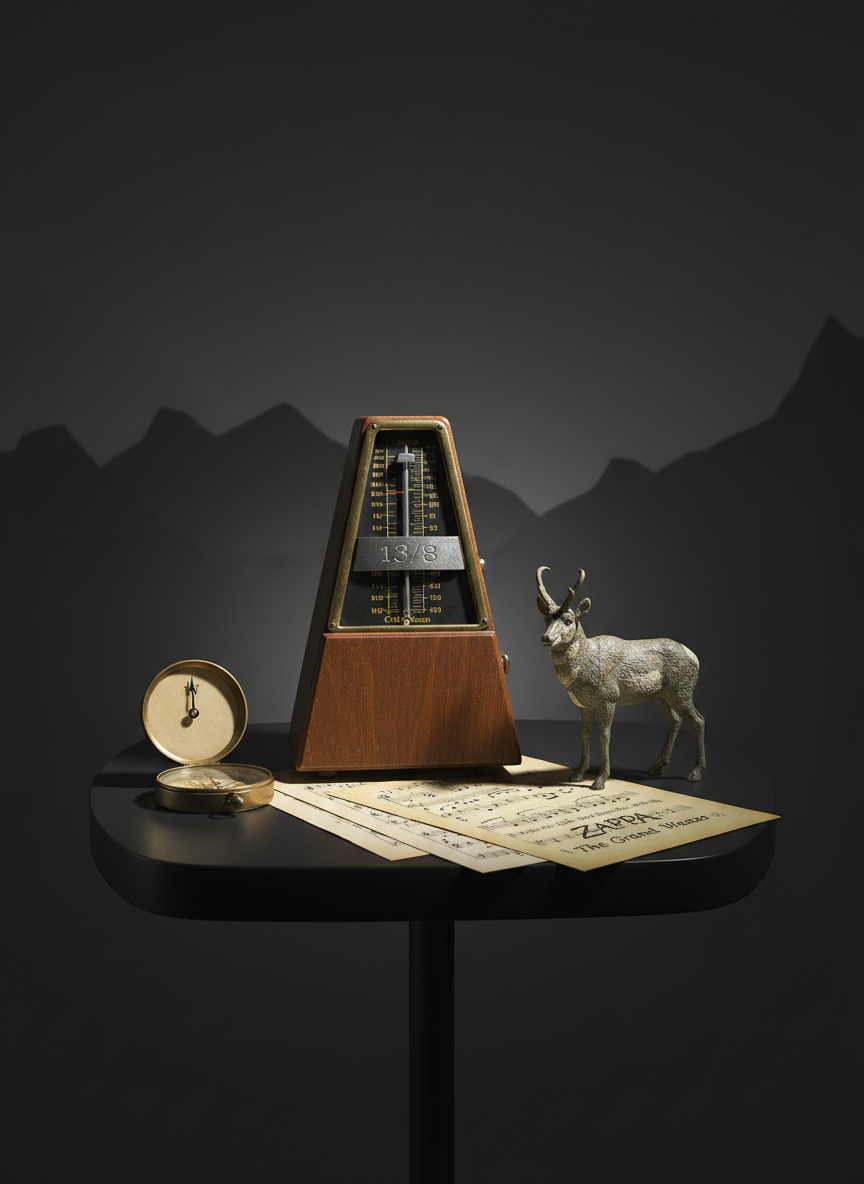 A symbolic still life arrangement on a dark, matte pedestal: a weathered metronome set to an odd time signature, a miniature model of a Wyoming pronghorn, a stack of worn progressive rock and classical scores (Bach, Beethoven, Zappa) fanned beneath, and a small antique compass pointing west. The background is a deep charcoal gradient, subtly hinting at distant mountains in abstract blur. A cool spotlight from above-left creates crisp highlights on the metronome’s wooden casing and sharp, defined shadows that intersect like rhythmic patterns. Photographic realism, shot at eye level with a medium close-up composition and isolated subject, produces a thoughtful, slightly mysterious atmosphere that visually represents the Arnold Brothers’ fusion of place, precision, and progressive rock heritage.