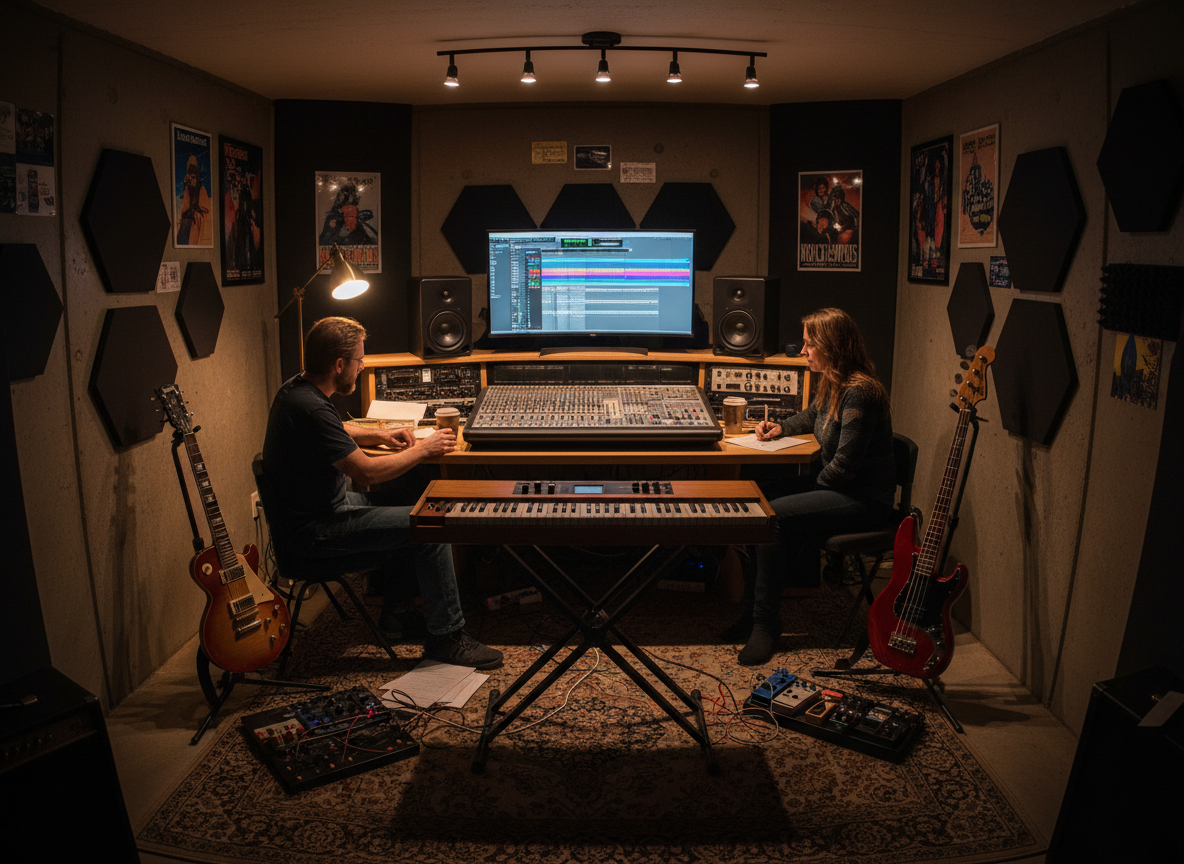 A panoramic view of a cozy basement studio in Casper, Wyoming, centered on a sturdy wooden workstation holding a large mixing console, studio monitors, and a glowing computer screen displaying multicolored waveforms of an intricate progressive rock track. On surrounding stands, a sunburst electric guitar, a cherry-red bass, and a vintage keyboard with wooden side panels form a creative halo. Sound panels and scattered guitar pedals add texture to the walls and floor. Soft, warm overhead track lighting and a single desk lamp create pools of light that highlight gear surfaces while leaving corners pleasantly shadowed. Photographic realism, captured from a slightly elevated wide angle, conveys an intimate, industrious mood of late-night creativity for a duo crafting original classic rock.