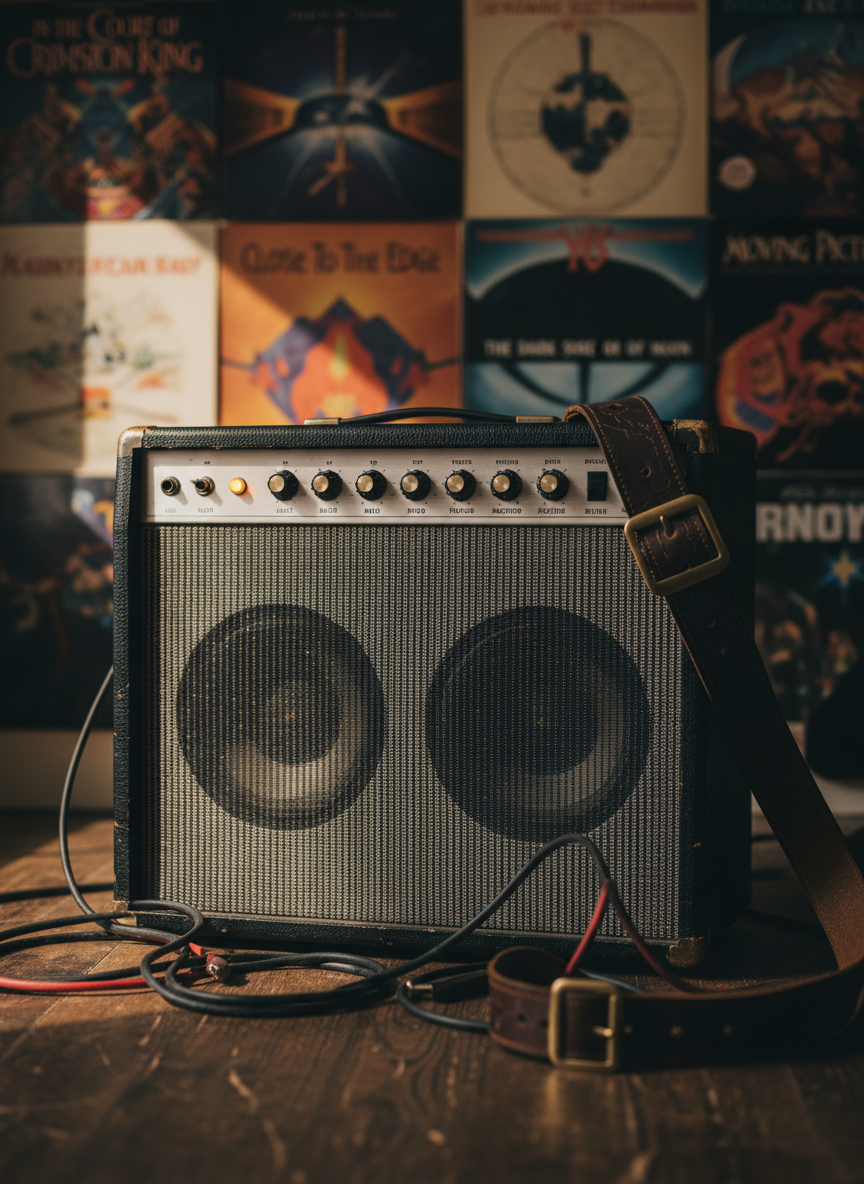 A meticulously detailed vintage tube amplifier head and speaker cabinet, brushed metal faceplate glowing with tiny amber indicator lights, surrounded by coiled instrument cables and a worn leather guitar strap draped over the corner. The rig sits on a slightly scuffed wooden rehearsal room floor, against a wall lined with classic vinyl album covers from the progressive rock era, softly out of focus. Warm, directional studio lighting grazes the amp from the side, emphasizing textures in the tolex, metal knobs, and fabric grille. Photographic realism, shot at eye level with a shallow depth of field, creates an intimate, reverent mood that feels nostalgic yet current, perfectly evoking classic progressive rock energy without showing any musicians.