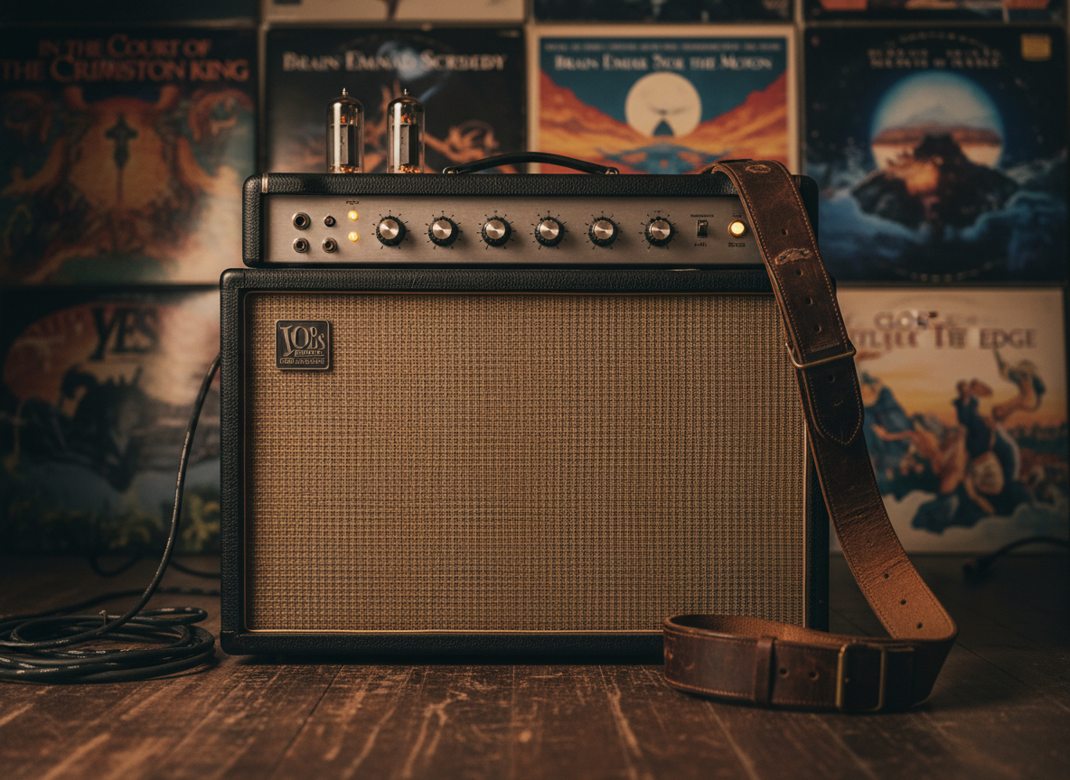 A meticulously detailed vintage tube amplifier head and speaker cabinet, brushed metal faceplate glowing with tiny amber indicator lights, surrounded by coiled instrument cables and a worn leather guitar strap draped over the corner. The rig sits on a slightly scuffed wooden rehearsal room floor, against a wall lined with classic vinyl album covers from the progressive rock era, softly out of focus. Warm, directional studio lighting grazes the amp from the side, emphasizing textures in the tolex, metal knobs, and fabric grille. Photographic realism, shot at eye level with a shallow depth of field, creates an intimate, reverent mood that feels nostalgic yet current, perfectly evoking classic progressive rock energy without showing any musicians.