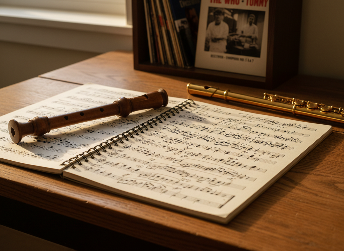 A close-up of an open, spiral-bound music notebook resting on an aged oak desk, filled with intricate handwritten progressive rock notation: complex time signatures, dense chord clusters, and meticulously drawn dynamics. Beside it lies a well-worn wooden recorder and a polished brass flute, their surfaces catching points of light. In the softly blurred background, vinyl records of Jethro Tull, The Who, and classical composers lean against a small bookshelf. Late-afternoon window light falls diagonally across the page, creating gentle contrast and long, soft shadows. Photographic realism, shot from a slightly elevated angle with shallow depth of field, gives a contemplative, studious atmosphere that merges rock and classical composition traditions in a quiet Casper, Wyoming writing space.